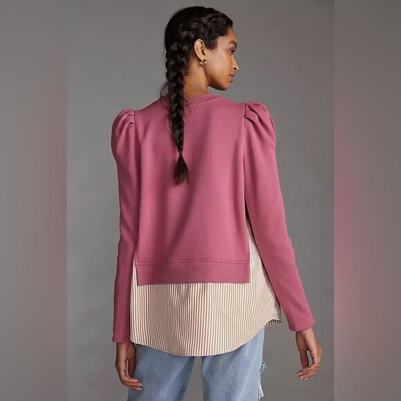 Anthropologie Maeve Puff Sleeve Twofer Layered Tunic Sweatshirt Pink Combo Sz S - Picture 3 of 12